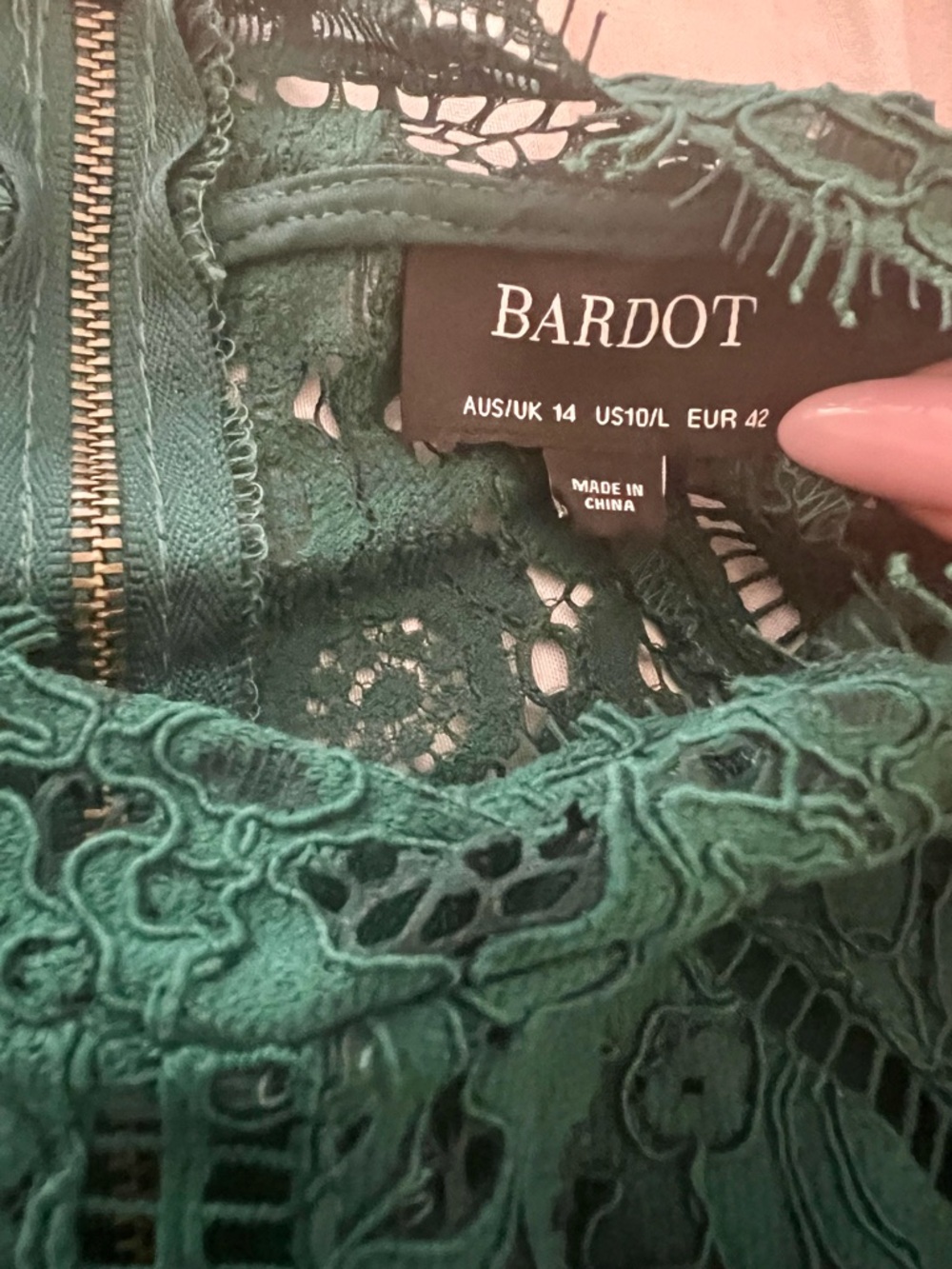 Bardot Lace Cocktail Party Dress Green Size L US 10 - Picture 7 of 8